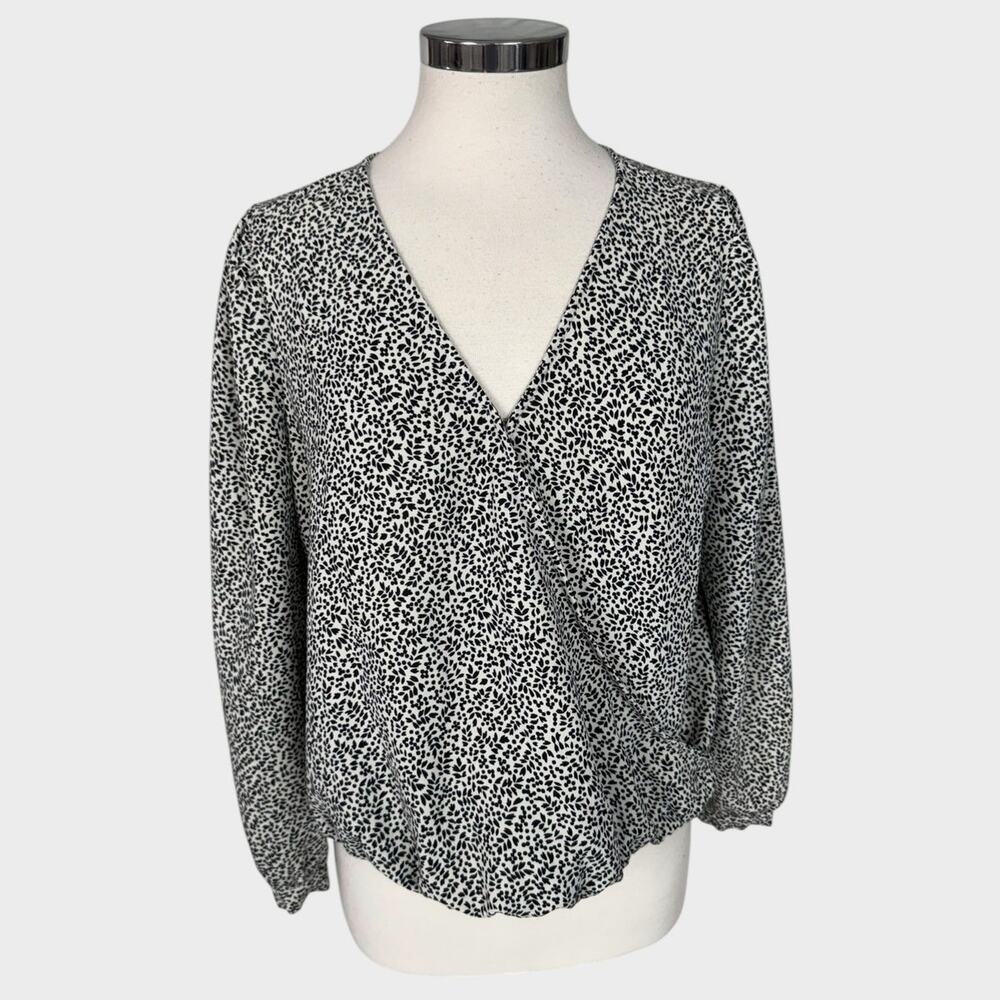 A New Day Womens Medium V Neck Wrap Blouse Top Black White Print Polyester